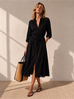 Pact Organic Cotton Midi Button-down Dress with Sleeves